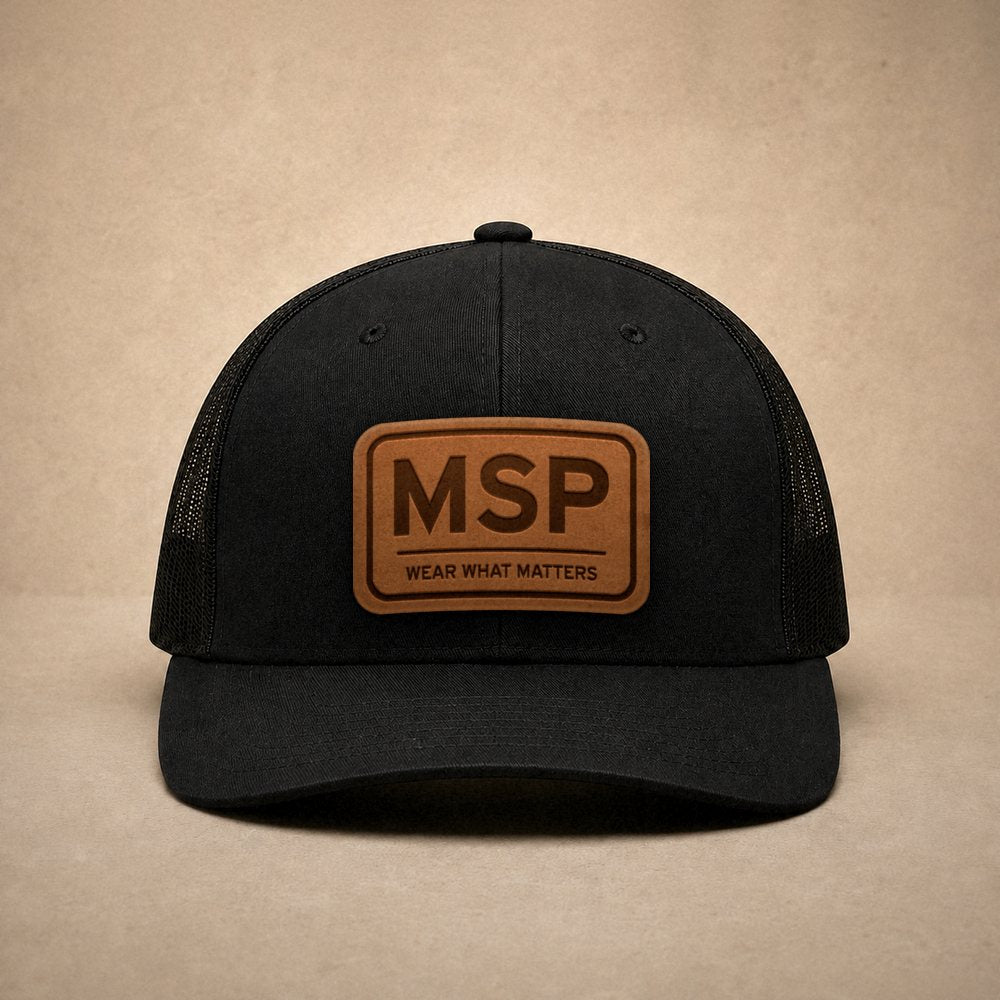 Black Minneapolis hats — Minneapolis MSP Leather Patch Trucker Hat
