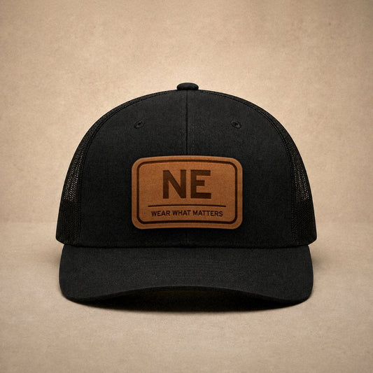 Black Nebraska hats — Nebraska NE Leather Patch Trucker Hat