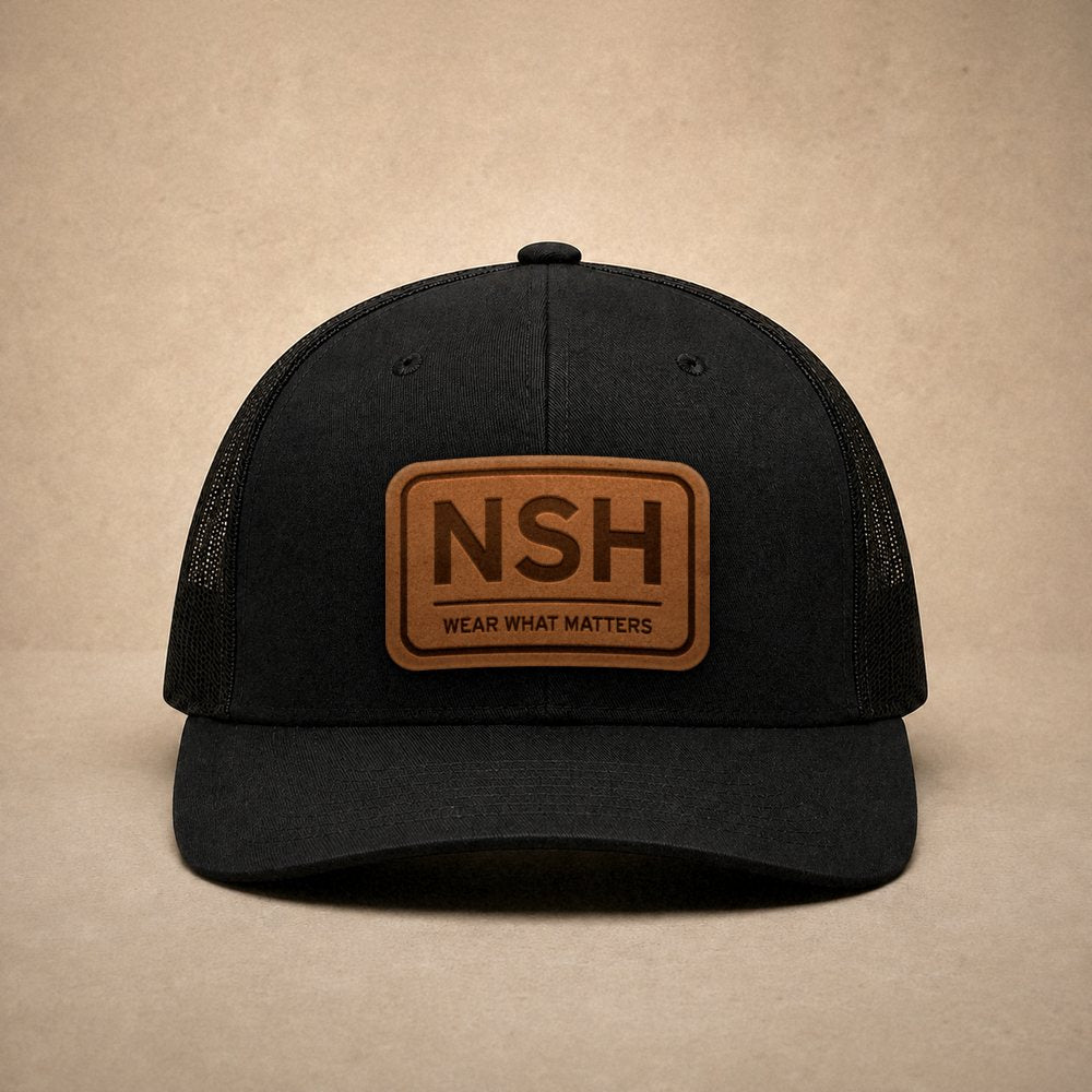 Black Nashville hats — Nashville NSH Leather Patch Trucker Hat