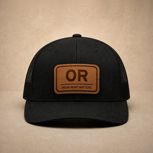 Black Oregon hats — Oregon OR Leather Patch Trucker Hat