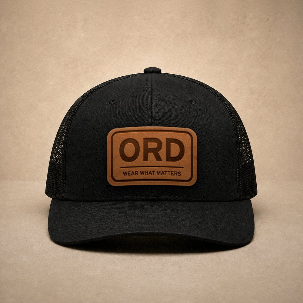 Black Chicago hats — Chicago ORD Leather Patch Trucker Hat