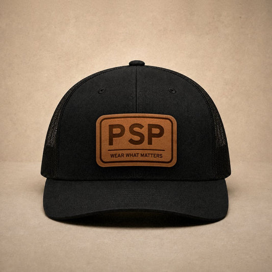 Black Palm Springs hats — Palm Springs PSP Leather Patch Trucker Hat
