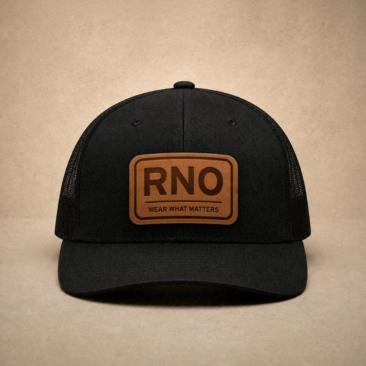 Black Reno hats — Reno RNO Leather Patch Trucker Hat