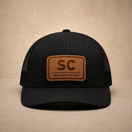 Black South Carolina hats — South Carolina SC Leather Patch Trucker Hat