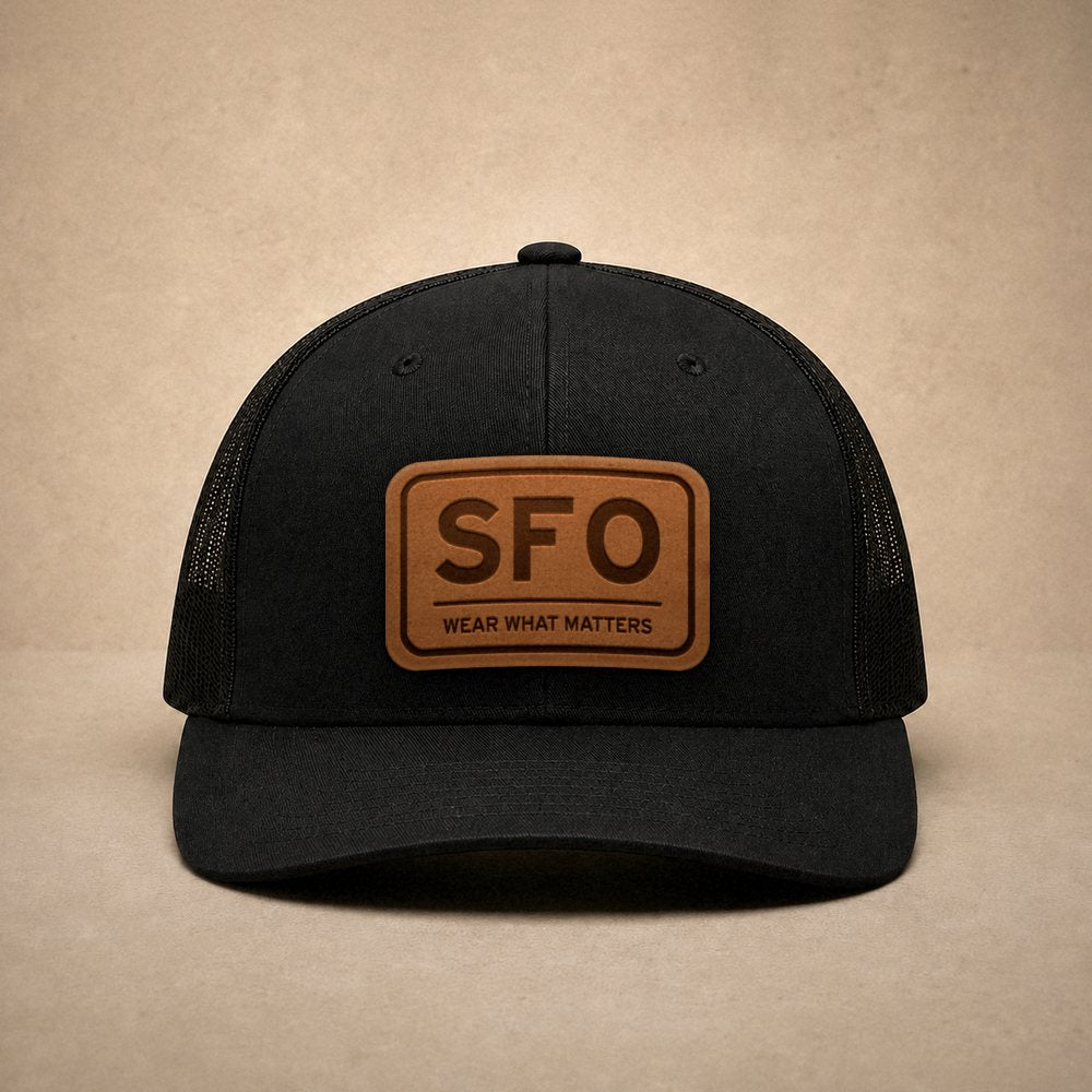 Black San Francisco hats — San Francisco SFO Leather Patch Trucker Hat