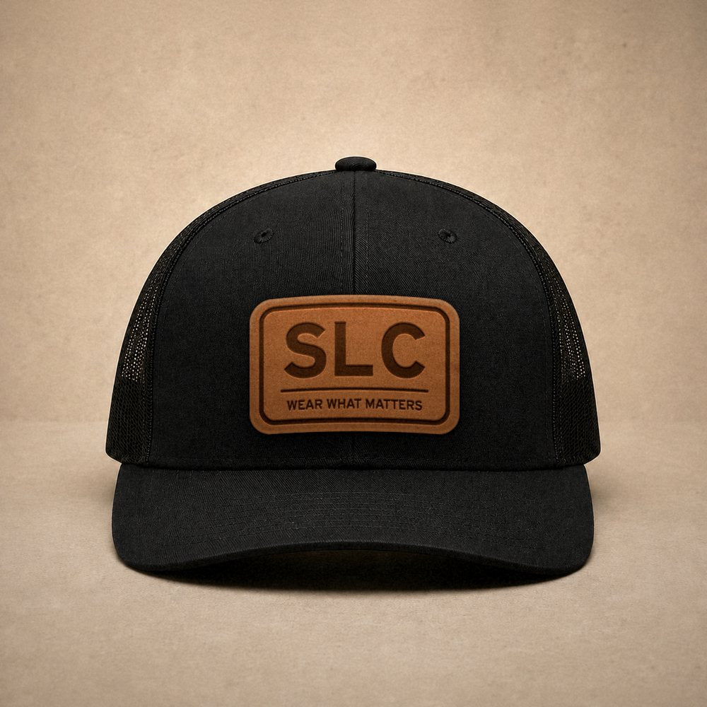 Black Salt Lake City hats — Salt Lake City SLC Leather Patch Trucker Hat