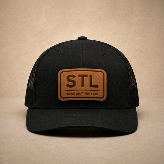 Black St. Louis hats — St. Louis STL Leather Patch Trucker Hat