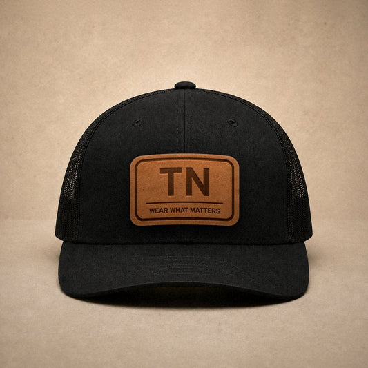 Black Tennessee hats — Tennessee TN Leather Patch Trucker Hat
