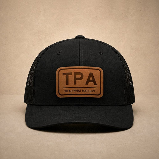 Black Tampa hats — Tampa TPA Leather Patch Trucker Hat