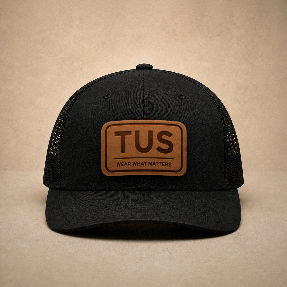 Black Tucson hats — Tucson TUS Leather Patch Trucker Hat
