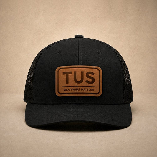 Black Tucson hats — Tucson TUS Leather Patch Trucker Hat
