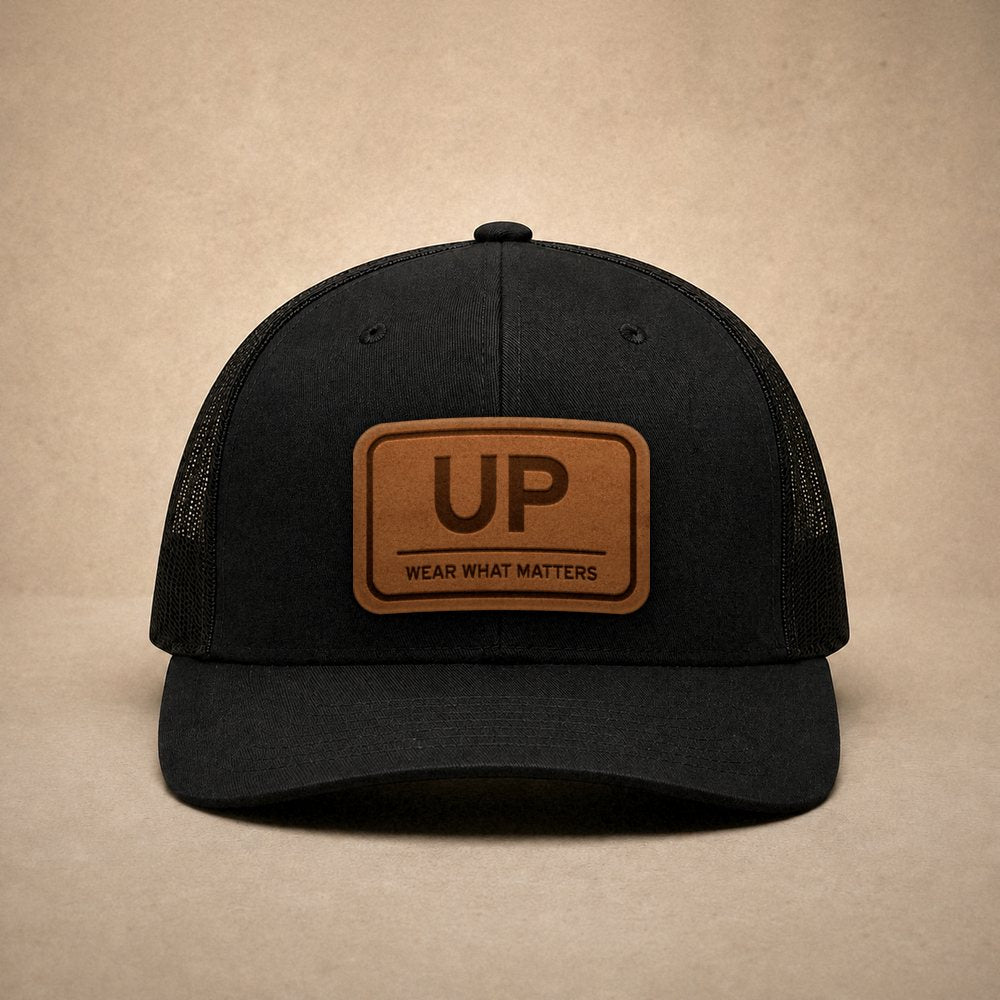 Black Upper Peninsula hats — Upper Peninsula UP Leather Patch Trucker Hat