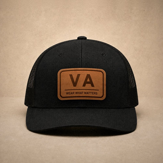 Black Virginia hats — Virginia VA Leather Patch Trucker Hat