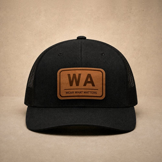 Black Washington hats — Washington WA Leather Patch Trucker Hat