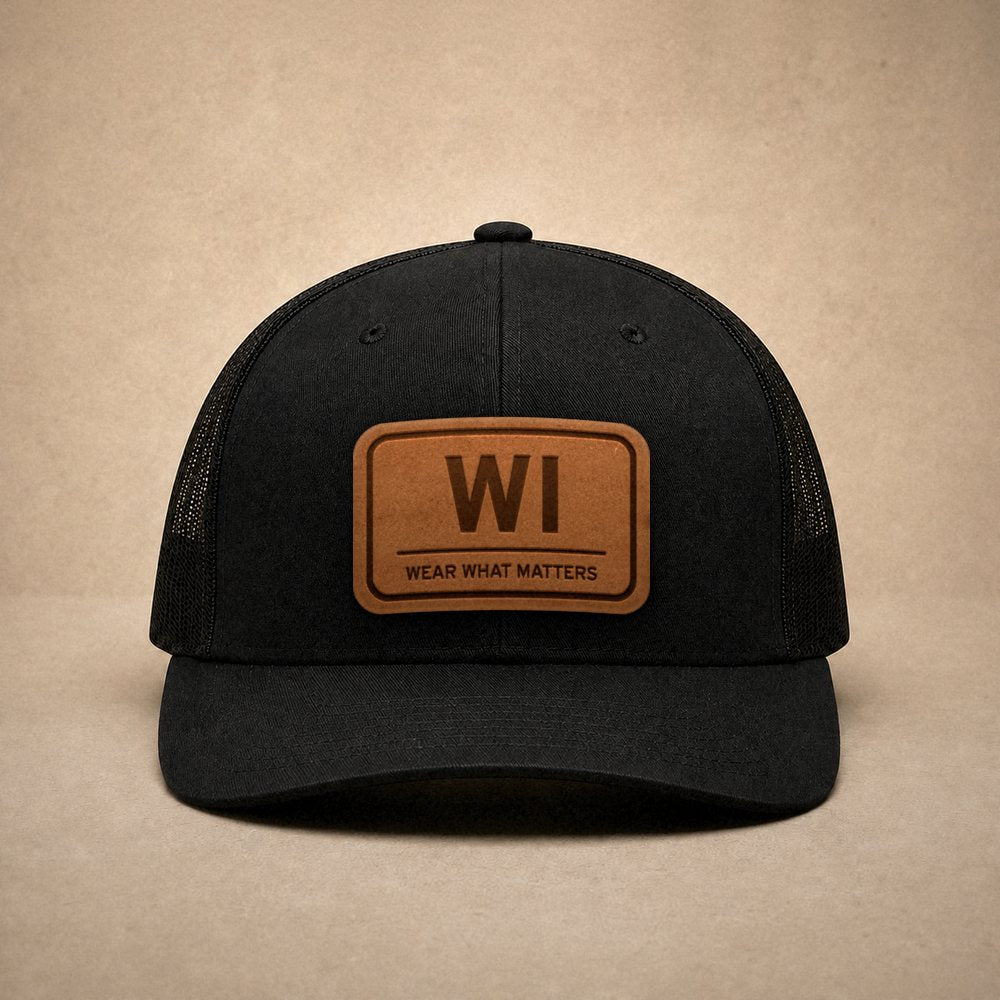 Black Wisconsin hats — Wisconsin WI Leather Patch Trucker Hat