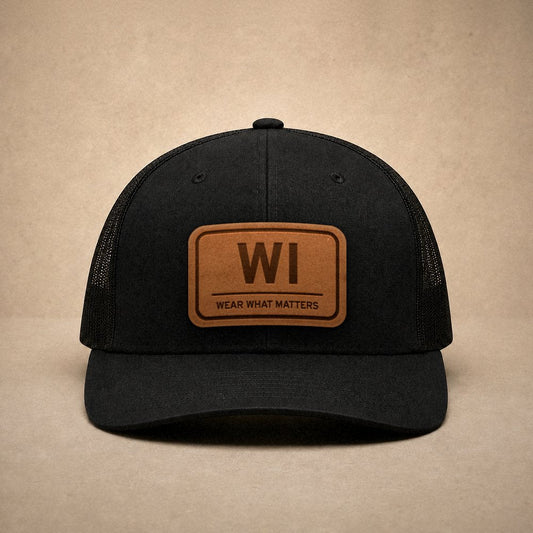 Black Wisconsin hats — Wisconsin WI Leather Patch Trucker Hat