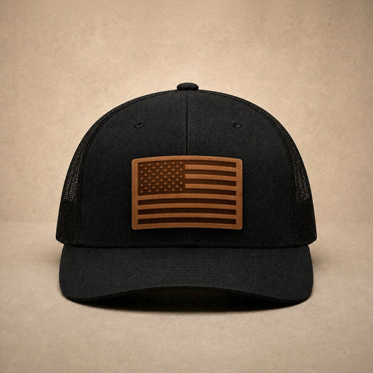 USA Flag Leather Patch Trucker Hat