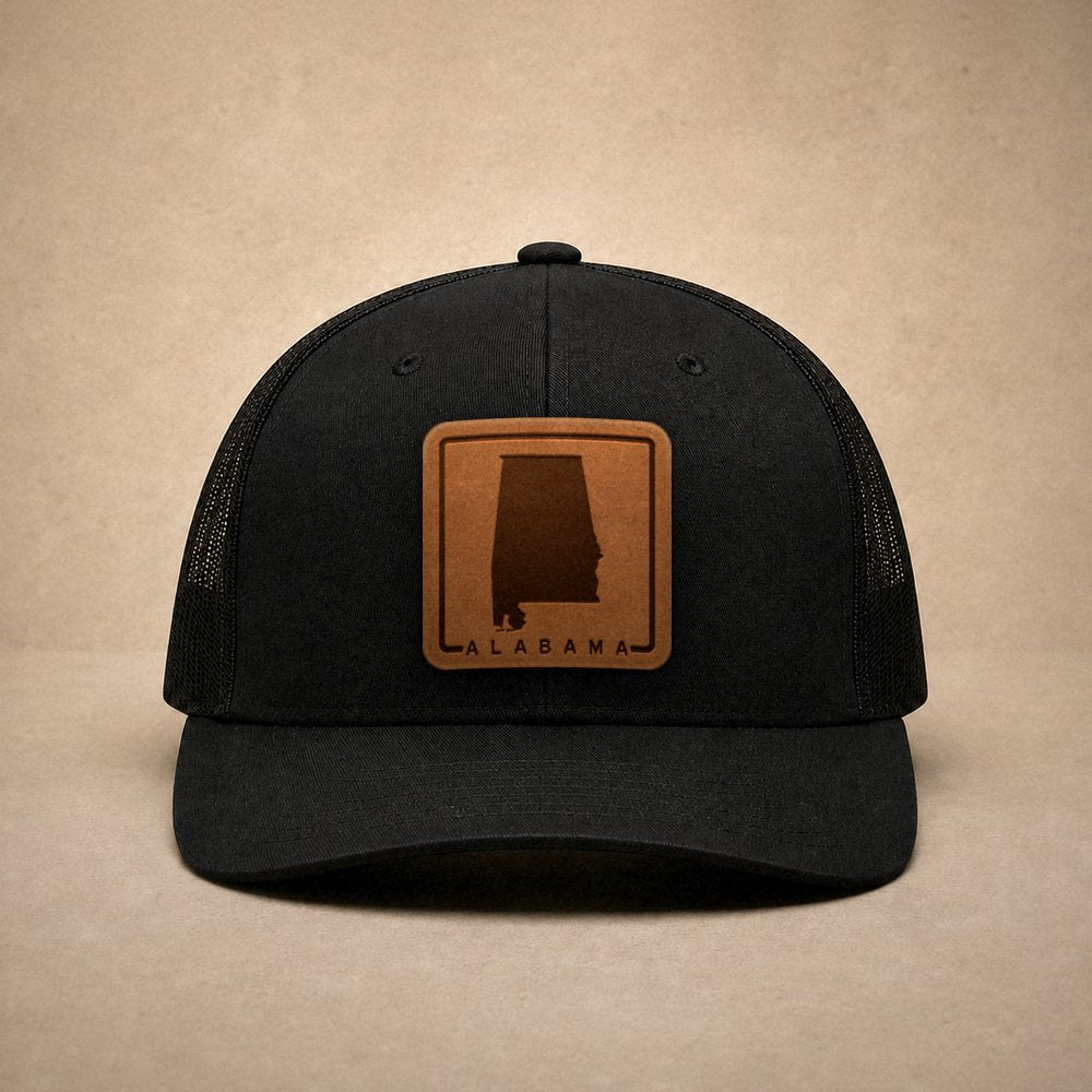 Black Alabama hats — Alabama Outline Leather Patch Trucker Hat