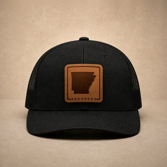 Black Arkansas hats — Arkansas Outline Leather Patch Trucker Hat