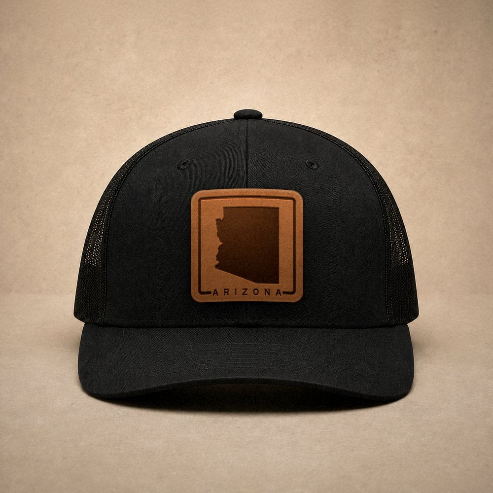 Black Arizona hats — Arizona Outline Leather Patch Trucker Hat