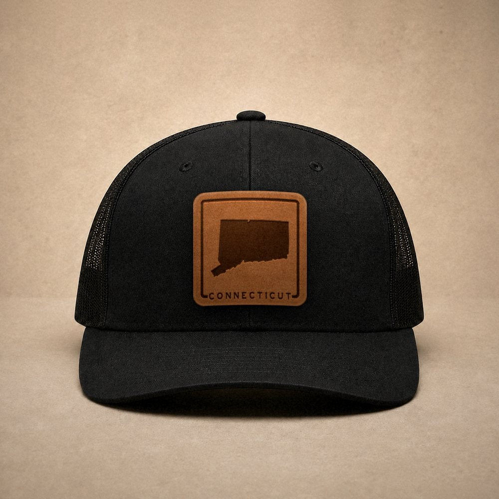 Black Connecticut hats — Connecticut Outline Leather Patch Trucker Hat