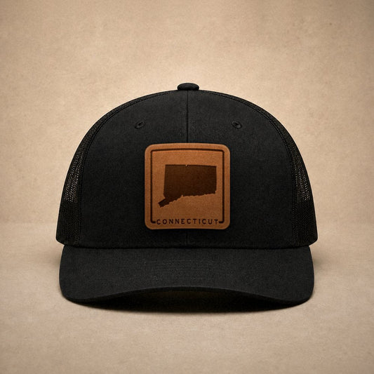 Black Connecticut hats — Connecticut Outline Leather Patch Trucker Hat