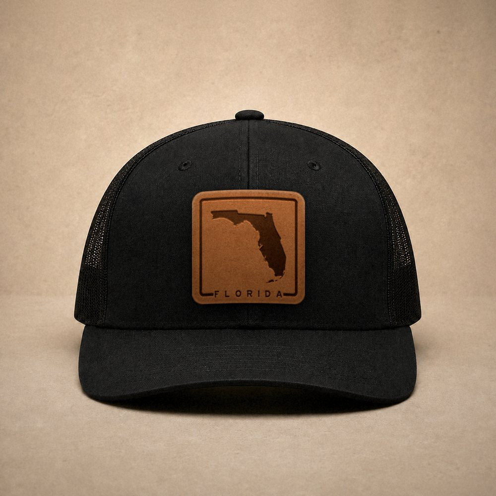 Black Florida hats — Florida Outline Leather Patch Trucker Hat