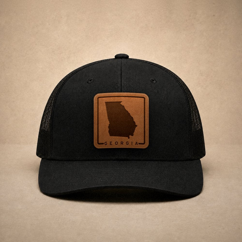 Black Georgia hats — Georgia Outline Leather Patch Trucker Hat