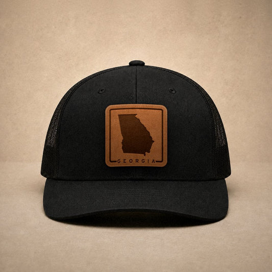 Black Georgia hats — Georgia Outline Leather Patch Trucker Hat