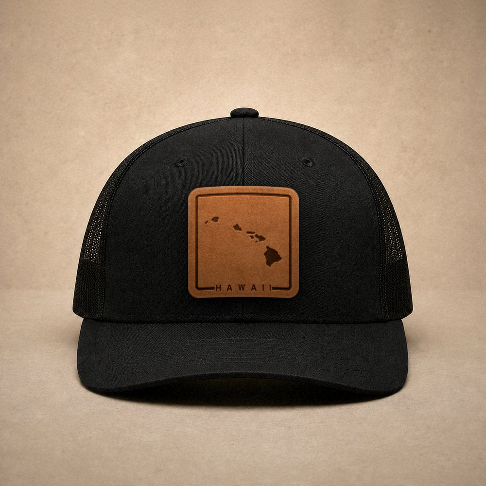 Black Hawaii hats — Hawaii Outline Leather Patch Trucker Hat