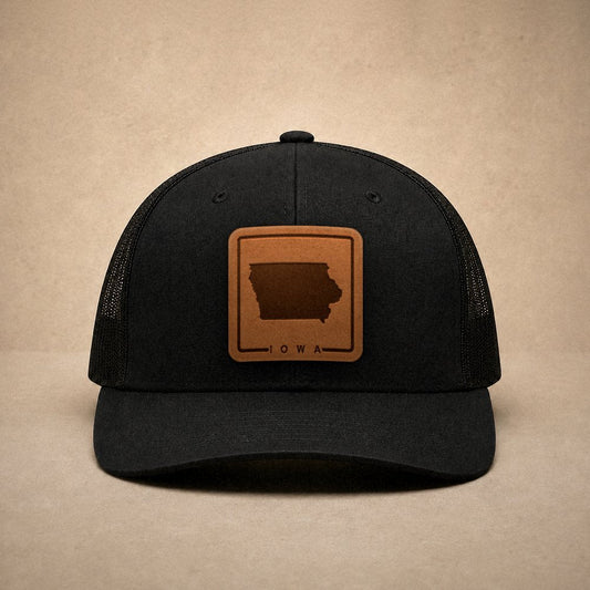 Black Iowa hats — Iowa Outline Leather Patch Trucker Hat