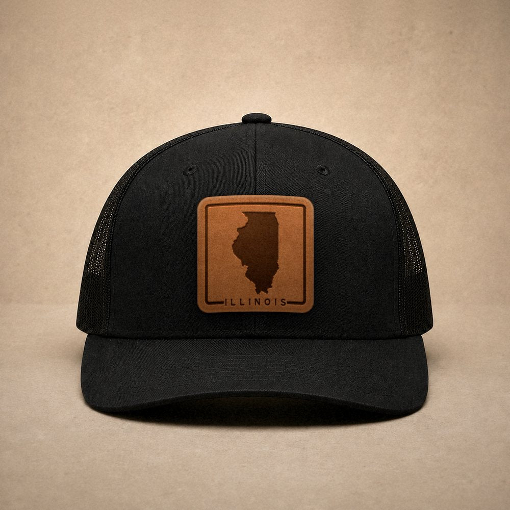 Black Illinois hats — Illinois Outline Leather Patch Trucker Hat