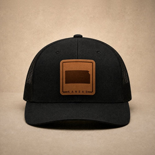Black Kansas hats — Kansas Outline Leather Patch Trucker Hat