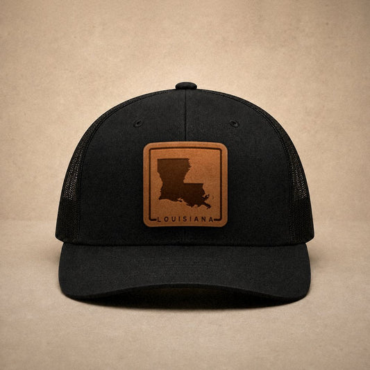 Black Louisiana hats — Louisiana Outline Leather Patch Trucker Hat