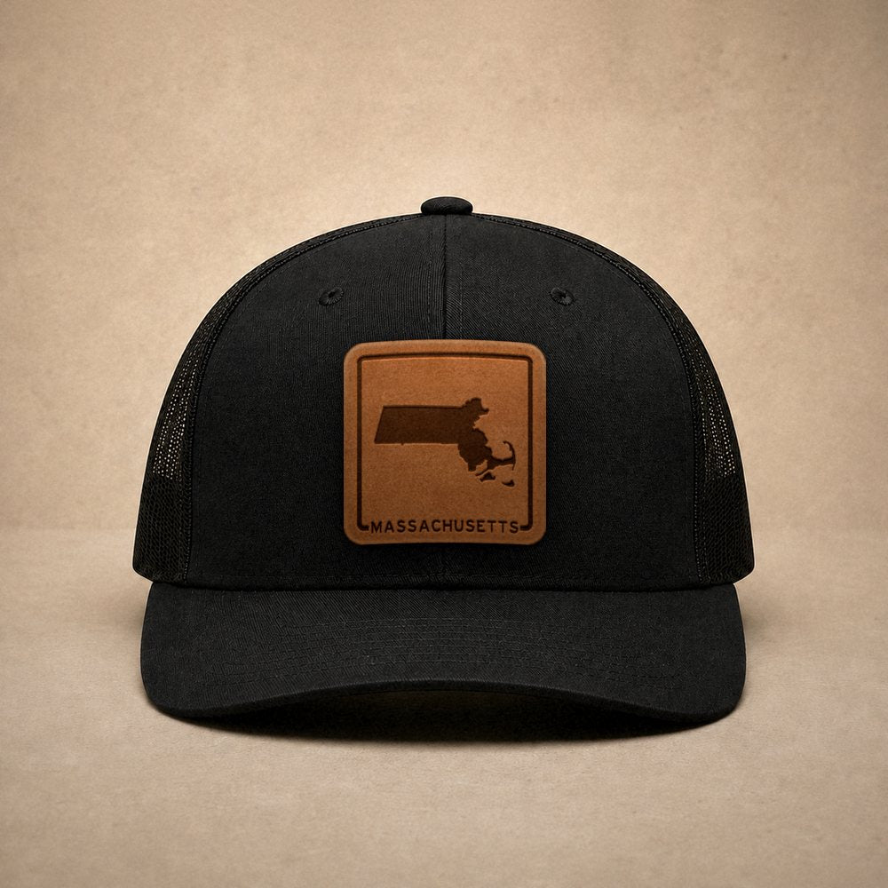 Black Massachusetts hats — Massachusetts Outline Leather Patch Trucker Hat