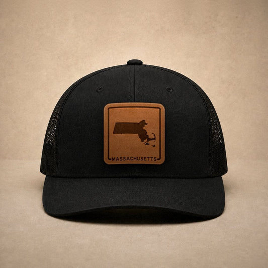 Black Massachusetts hats — Massachusetts Outline Leather Patch Trucker Hat