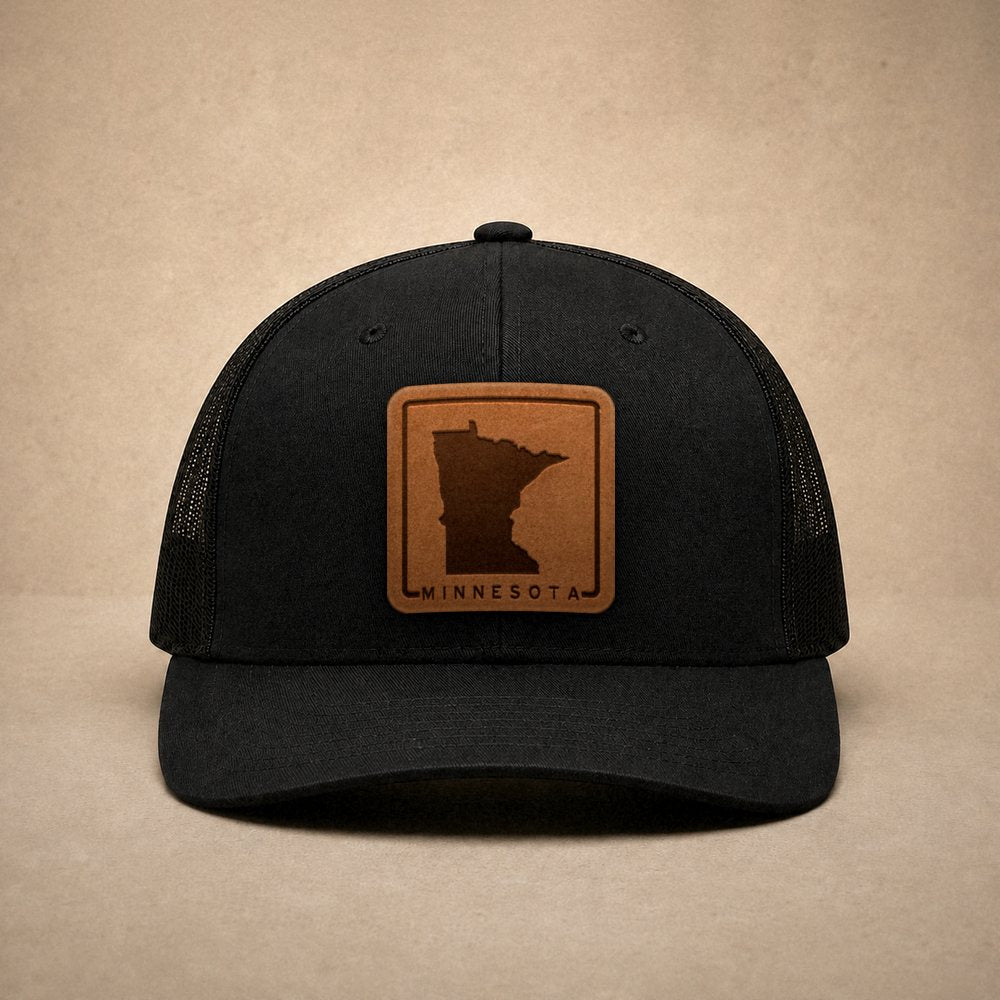 Black Minnesota hats — Minnesota Outline Leather Patch Trucker Hat