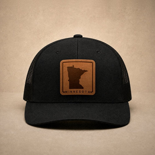 Black Minnesota hats — Minnesota Outline Leather Patch Trucker Hat