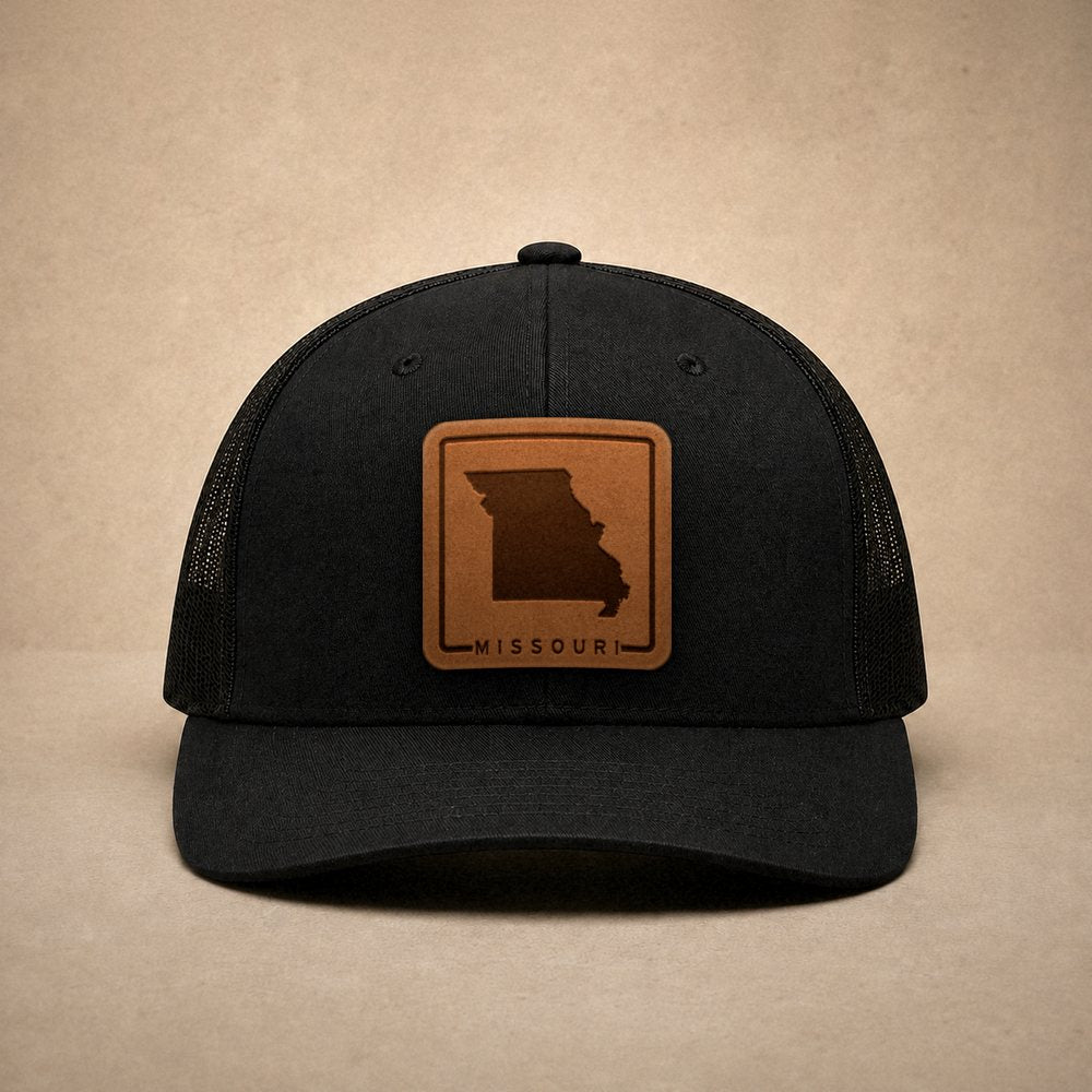 Black Missouri hats — Missouri Outline Leather Patch Trucker Hat