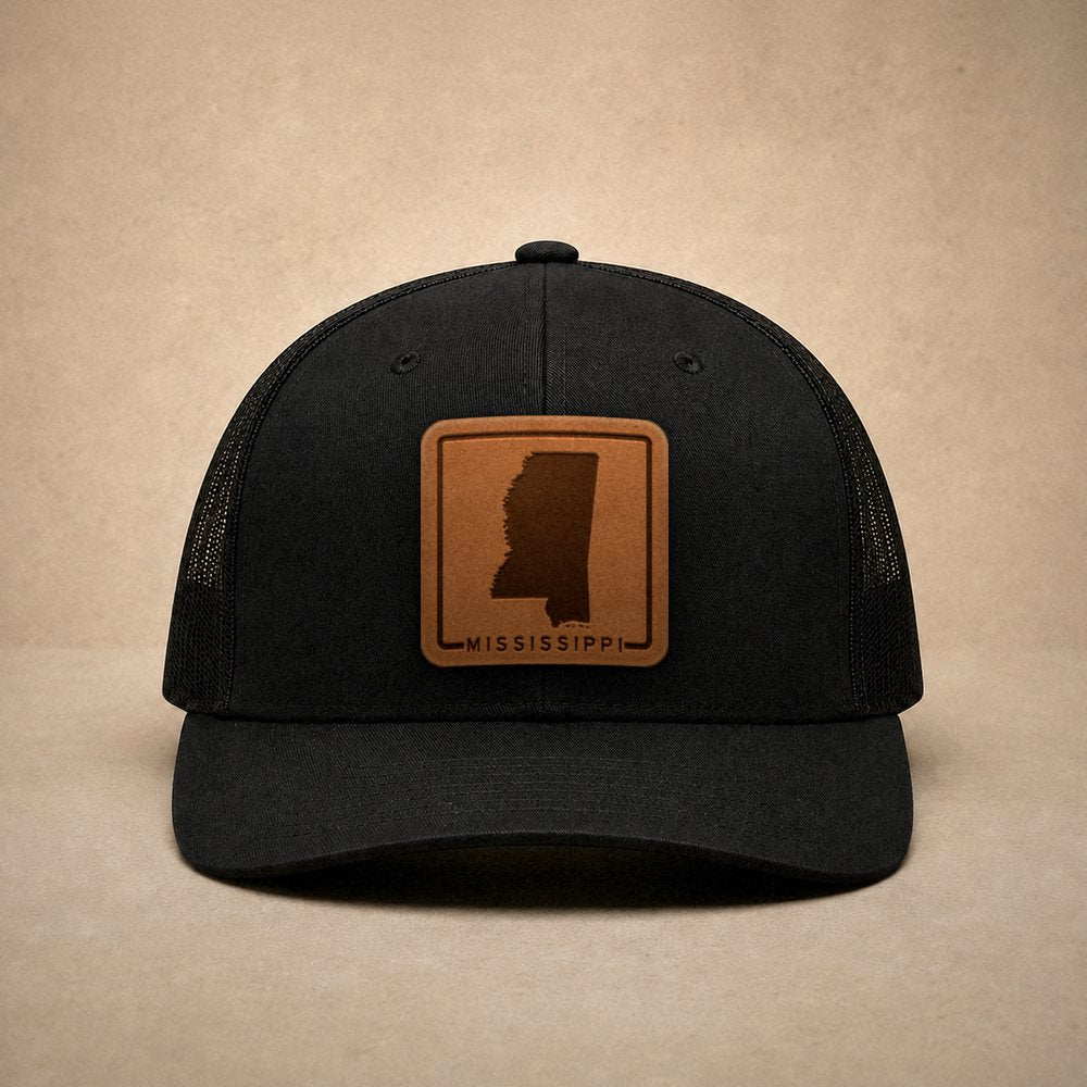 Black Mississippi hats — Mississippi Outline Leather Patch Trucker Hat