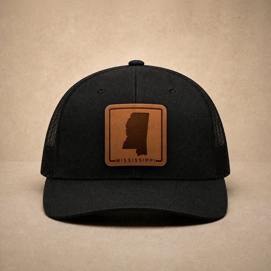 Black Mississippi hats — Mississippi Outline Leather Patch Trucker Hat