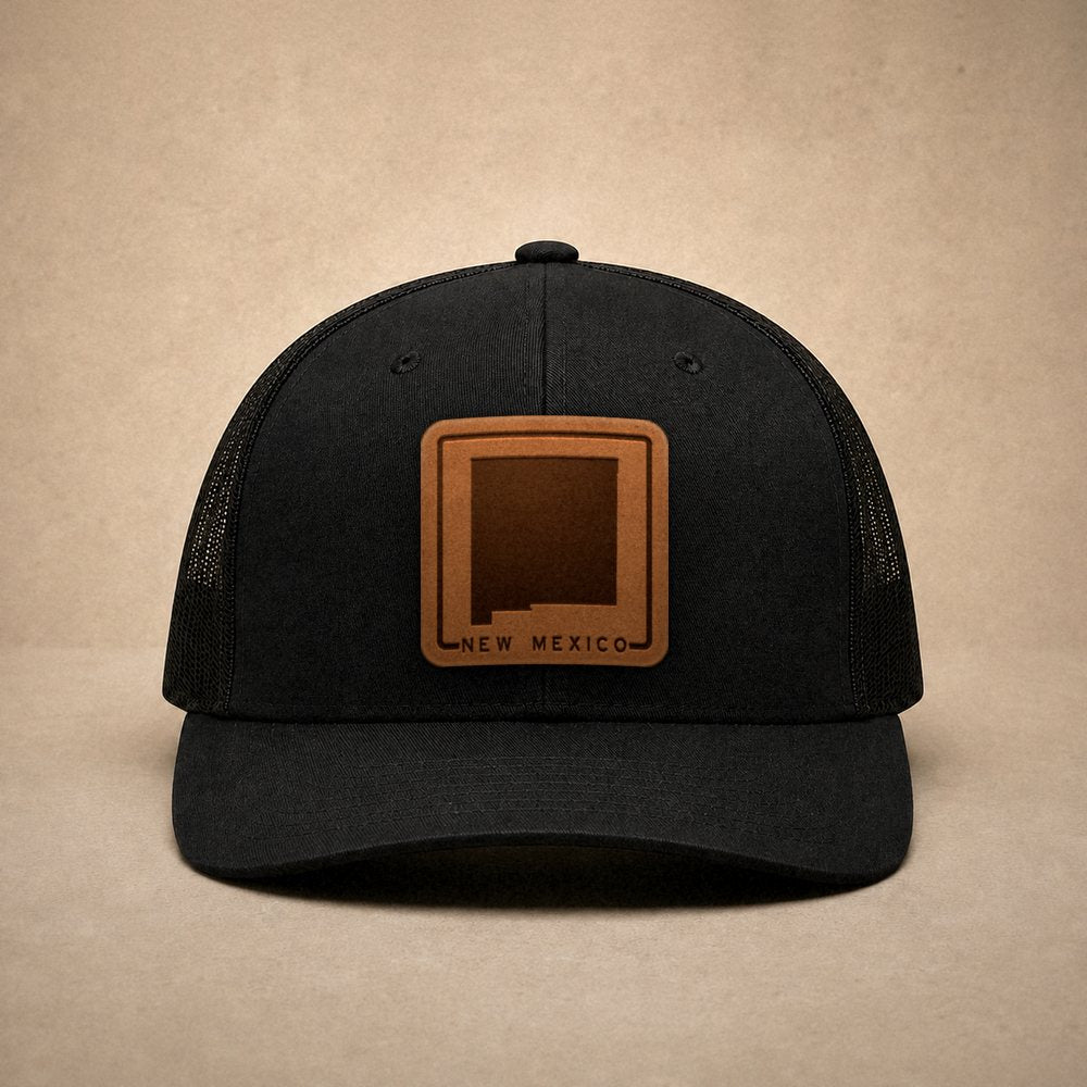 Black New Mexico hats — New Mexico Outline Leather Patch Trucker Hat