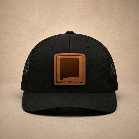 Black New Mexico hats — New Mexico Outline Leather Patch Trucker Hat