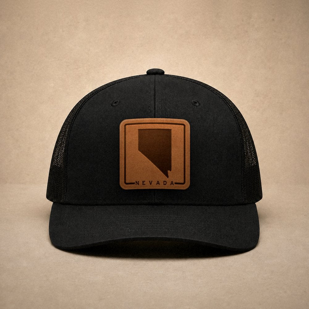 Black Nevada hats — Nevada Outline Leather Patch Trucker Hat