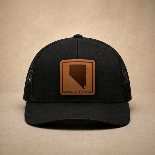 Black Nevada hats — Nevada Outline Leather Patch Trucker Hat