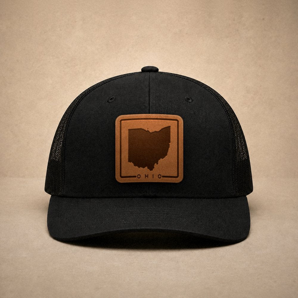 Black Ohio hats — Ohio Outline Leather Patch Trucker Hat
