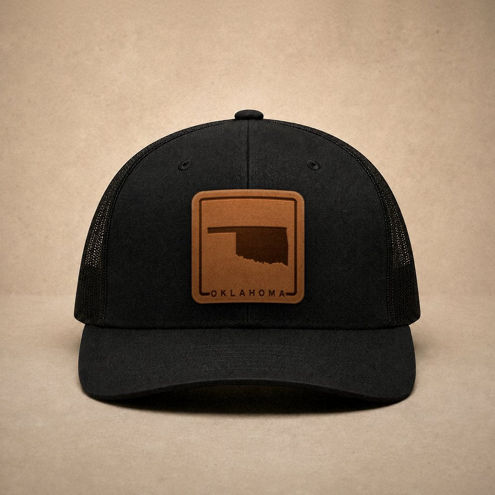 Black Oklahoma hats — Oklahoma Outline Leather Patch Trucker Hat