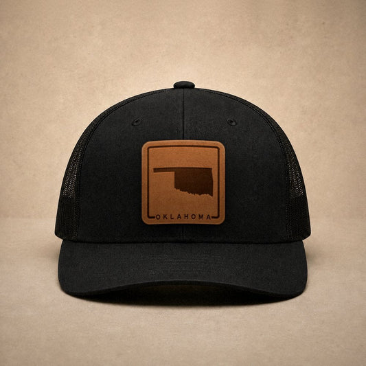Black Oklahoma hats — Oklahoma Outline Leather Patch Trucker Hat