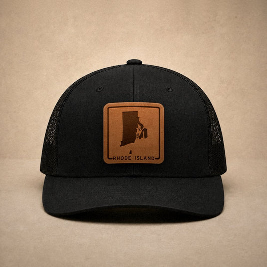 Black Rhode Island hats — Rhode Island Outline Leather Patch Trucker Hat