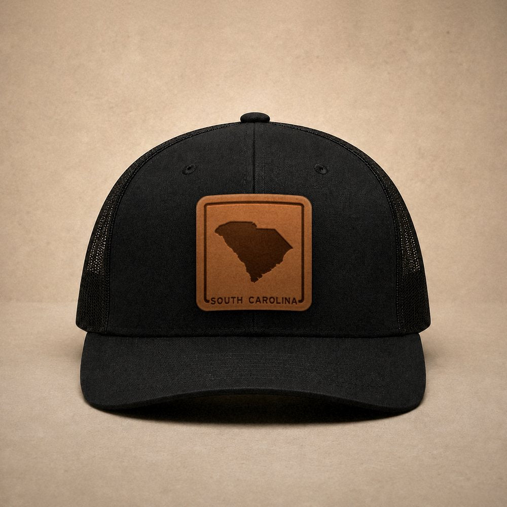 Black South Carolina hats — South Carolina Outline Leather Patch Trucker Hat